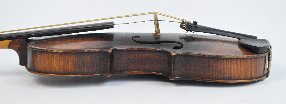 A full size German violin with one-piece back, unlabelled, length of back 35.5cm, with a bow (2). - Image 3 of 7