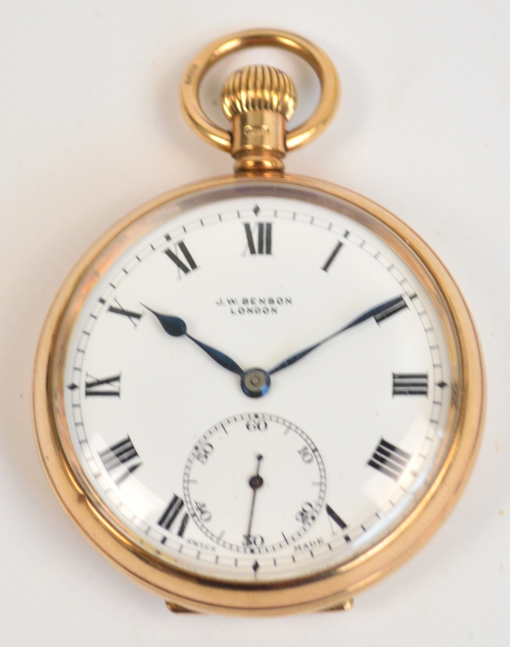 A 9ct yellow gold cased open face crown wind pocket watch, the movement and dial signed JW Benson,