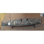 A scratch built tin model of a twin masted vessel, length 70cm.