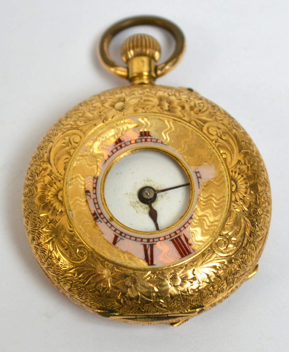 An 18ct yellow gold half hunter cased crown wind fob watch,