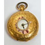 An 18ct yellow gold half hunter cased crown wind fob watch,