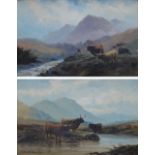 JG LIDDELL; a pair of oils on card, Highland cattle in landscape, both signed, 30 x 46cm,