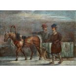 IN THE MANNER OF ALEXANDER ORLOVSKY; oil on tin, two bearded men beside a horse, unsigned,