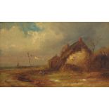 19TH CENTURY ENGLISH SCHOOL; oil on canvas, coastal landscape with figures before a cottage,