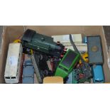 A small quantity of playworn vehicles and a part boxed train set incorporating three carriages,
