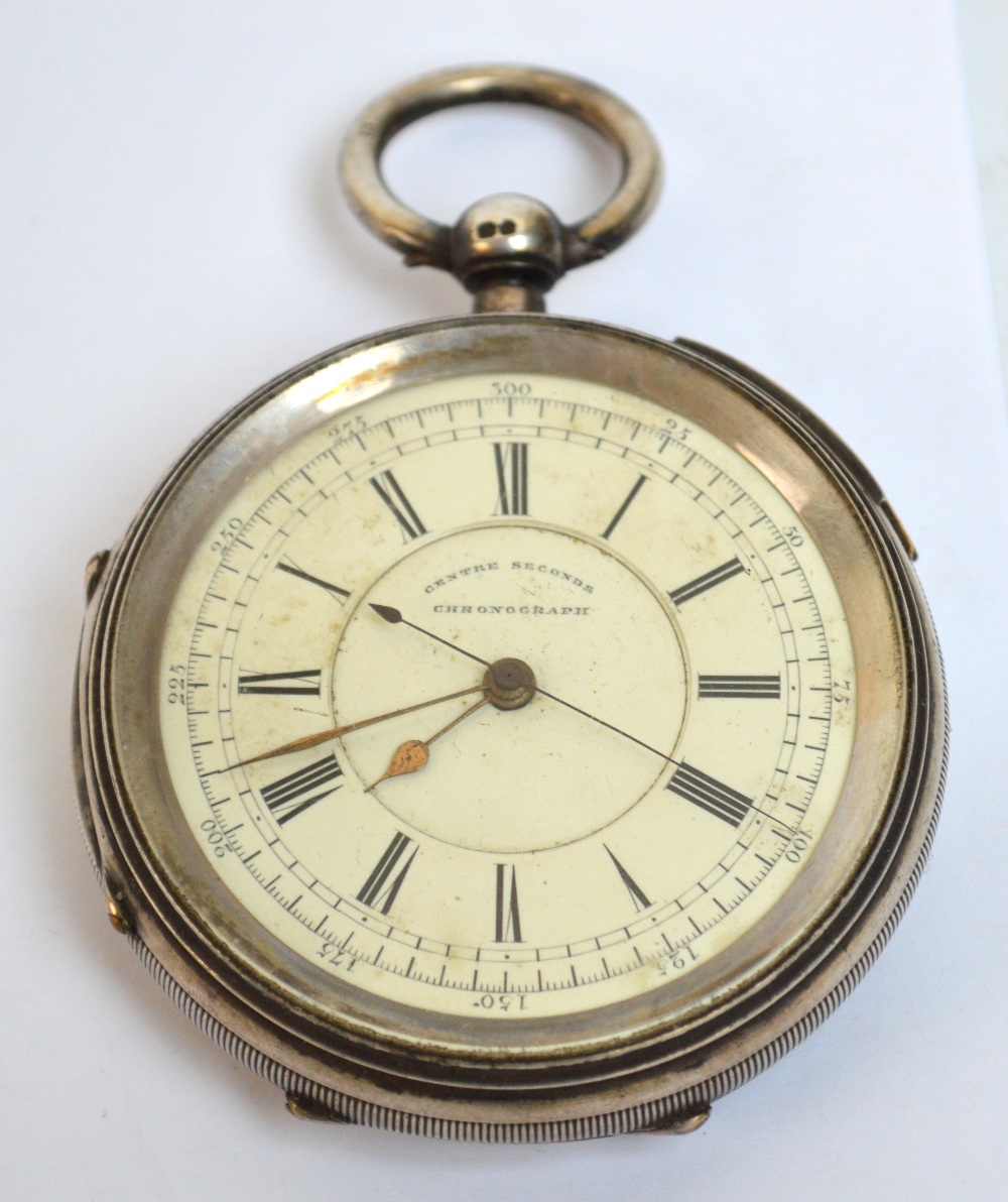 A large Victorian hallmarked silver cased open face centre seconds chronograph,
