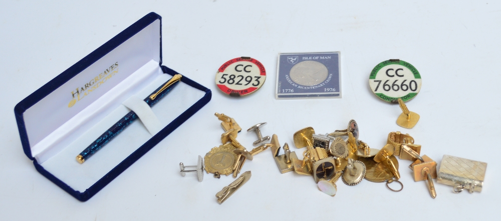 Two Public Service Vehicle badges for conductor and driver, a silver vesta stamped 925, cufflinks,
