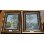 HARRY BIRKINSHAW; pair of oils on board, river scenes possibly near Barnsley,