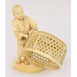 A fine Japanese Meiji period carved ivory okimono depicting a young boy carrying a net, signed to