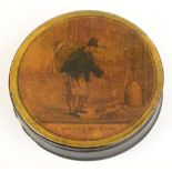 A mid 19th century circular French snuff box with print to lid of a ratcatcher and a dog,