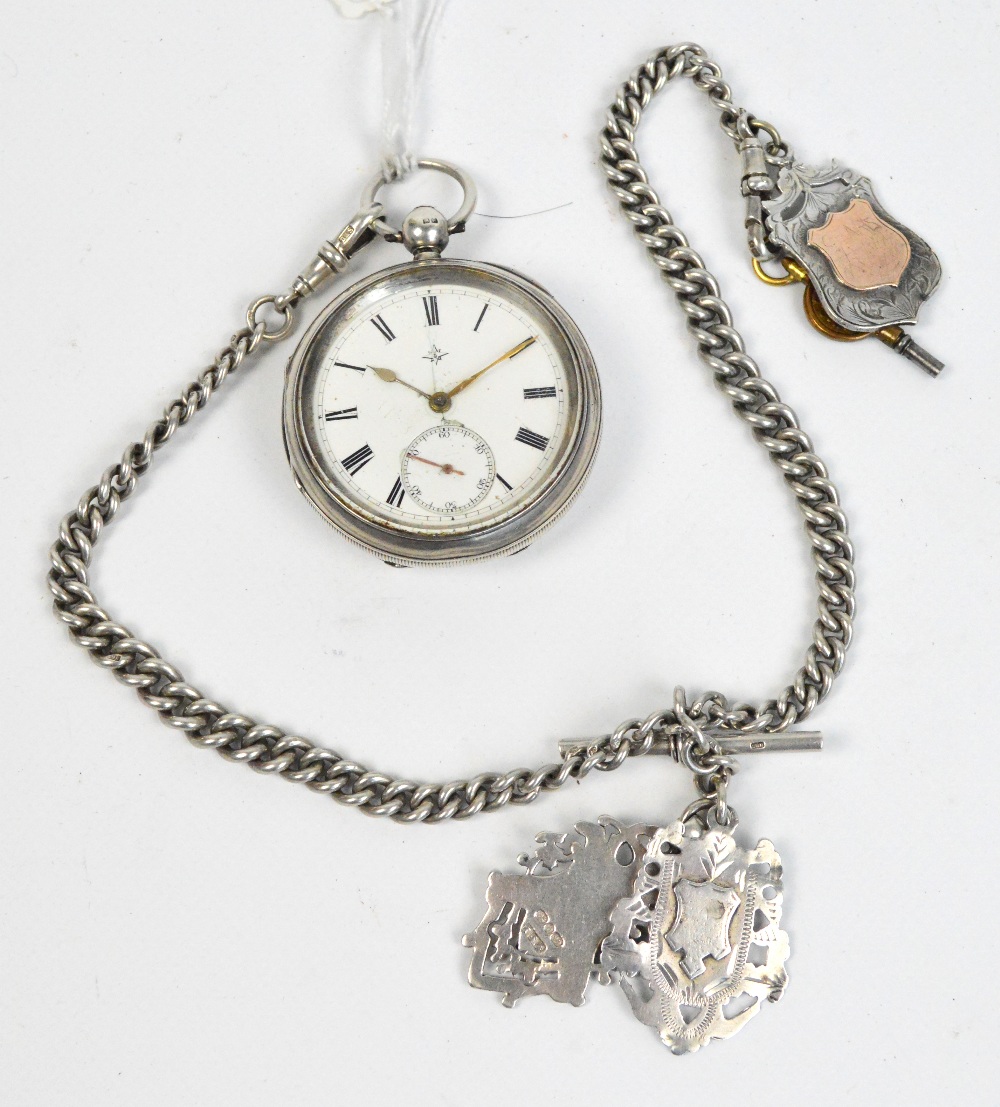 A Victorian silver cased open face key wind pocket watch, the circular white enamel dial set with