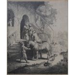 After REMBRANDT; a black and white etching "The Good Samaritan",