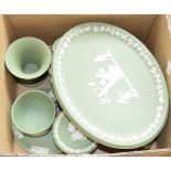 A collection of Wedgwood jasperware, mainly green, including oval tray, sugar bowl, cup and saucer,