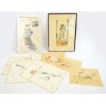 A Japanese Meiji period watercolour depicting Shoki the Demon Queller above two Oni,