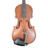 A three-quarter size violin with two-piece back, length 33.6cm, cased.