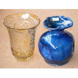 A large blue glazed vase, and a cut glass vase, height 26cm (2). CONDITION REPORT: Several chips