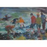 SUE ATKINSON (born 1949); coastal landscape with figures on a beach, apparently unsigned, 20 x 28cm,