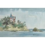 SUE ATKINSON (born 1949); watercolour, coastal landscape with large dwelling, signed, 11.
