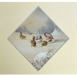 HARRY BRIGHT (1846-1895); watercolour and gouache on a printed base, winter study with robins, wrens