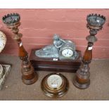 A pair of pricket turned candlesticks, a circular barometer and a decorative mantel clock (4).