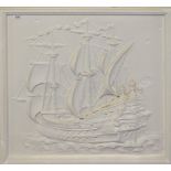 A cream painted plaster plaque depicting the Mary Rose, 70 x 67cm.