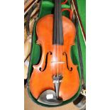 A full size violin labelled "Made by John Carr, Falkirk no.