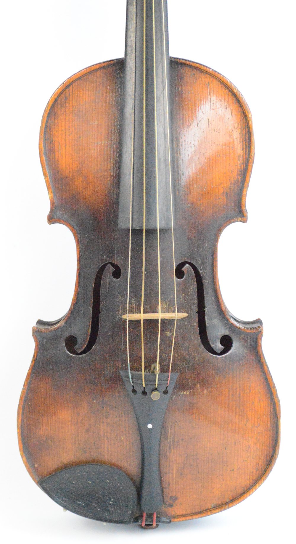A full size German violin with one-piece back, unlabelled, length of back 35.5cm, with a bow (2).