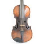 A full size German violin with one-piece back, unlabelled, length of back 35.5cm, with a bow (2).