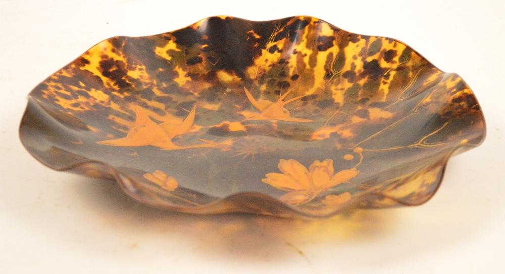 An early 20th century Japanese moulded tortoiseshell circular dish with lacquered decoration - Image 2 of 3