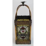 A Victorian brass framed leaded stained glass hall lantern, height 54cm.