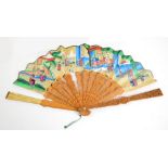 A 19th century Chinese Canton carved sandalwood fan with painted decoration depicting figures and