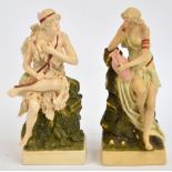A pair of Royal Dux figures; female with urn and man with bow and arrows,