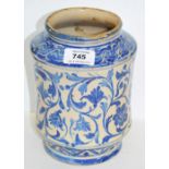 A 19th century Italian Albarello jar of slightly waisted form,