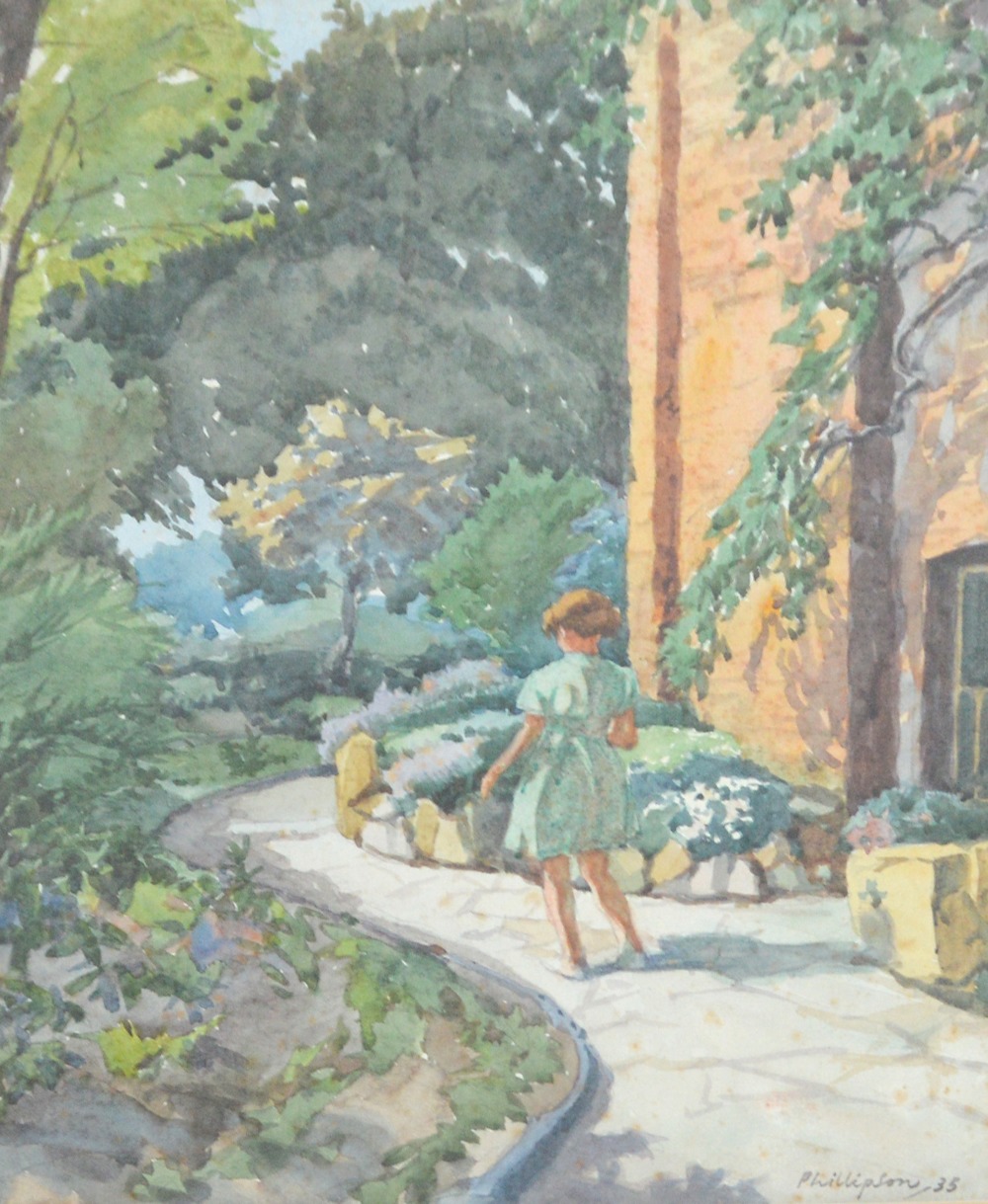 PHILLIPSON; watercolour, study of a girl walking upon a path, signed and dated '35 (1935),