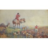 GEORGE MOTTRAM MOORHOUSE (1882-1960); watercolour, huntsman upon horses with hounds by their side,