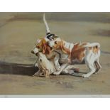 AFTER ASHLEY NOAN; a signed limited edition coloured print, hounds playing, 366/850, image 35 x 50.