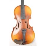 A Czechoslovakian three-quarter size violin, length of back 34.2cm, cased.