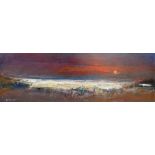 NAEL HANNA (born 1959); acrylic on canvas, coastal landscape, signed, 30 x 100cm, unframed.