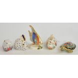 A collection of five Royal Crown Derby animal paperweights; two rabbits, a terrapin, a fish and a