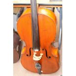 A full size German violoncello with two piece back, unlabelled, length of back 75cm,