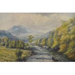 JOSEPH WEST (1882-?); watercolour, a river landscape with mountains,