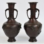 A pair of Japanese Meiji period bronze twin handled vases, applied with birds amongst branches,
