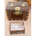 A Korean elm brass bound rectangular trinket box with fish shaped lock, width 35.