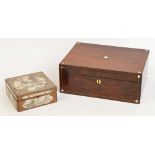 A Victorian rosewood and mother of pearl inlaid rectangular workbox (lacking interior) and a mother