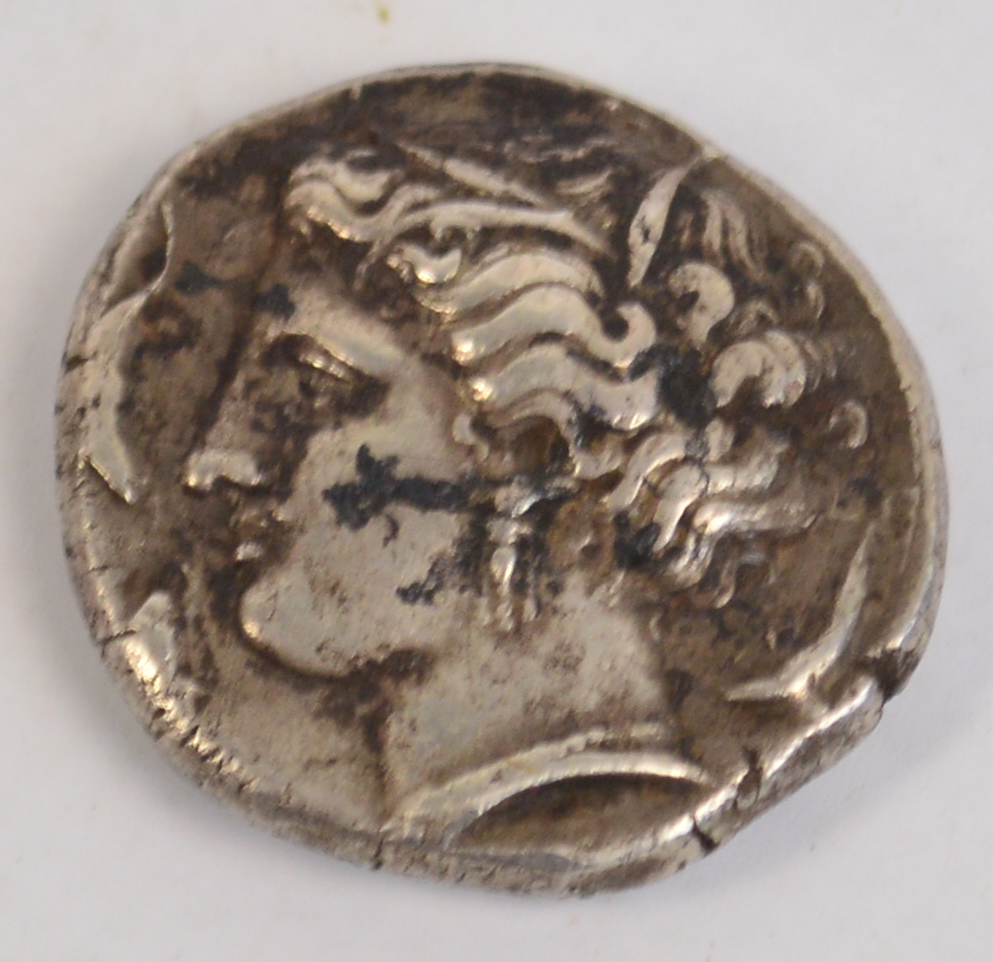 Agathokles (317-289 BC), AR Tetradrachm, wreathed head of Arethusa left, three dolphins around,