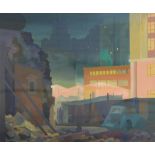 RAYMOND HAWTHORN (1917-1997); gouache on paper, bombed street scene with lit buildings,