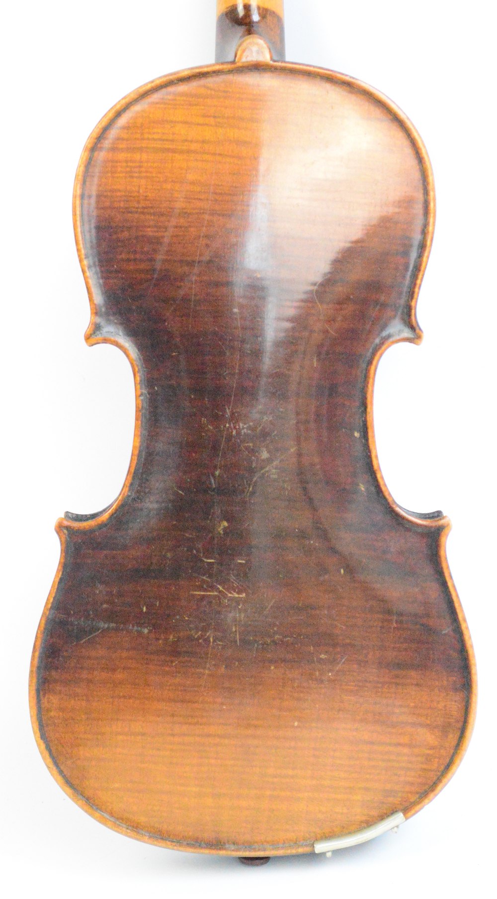 A full size German violin with one-piece back, unlabelled, length of back 35.5cm, with a bow (2). - Image 2 of 7