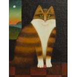 MARTIN LEYMAN (born 1934); oil on board "Stripes", study of a seated cat, signed with initials,