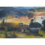 COLUM ROBERT GORE-BOOTH (1913-1959); large oil on board, "Farmstead With Cart at Sunset", 49 x 76cm,