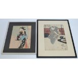 A Japanese print of a man holding a katana, and another of a geisha, 34 x 22.